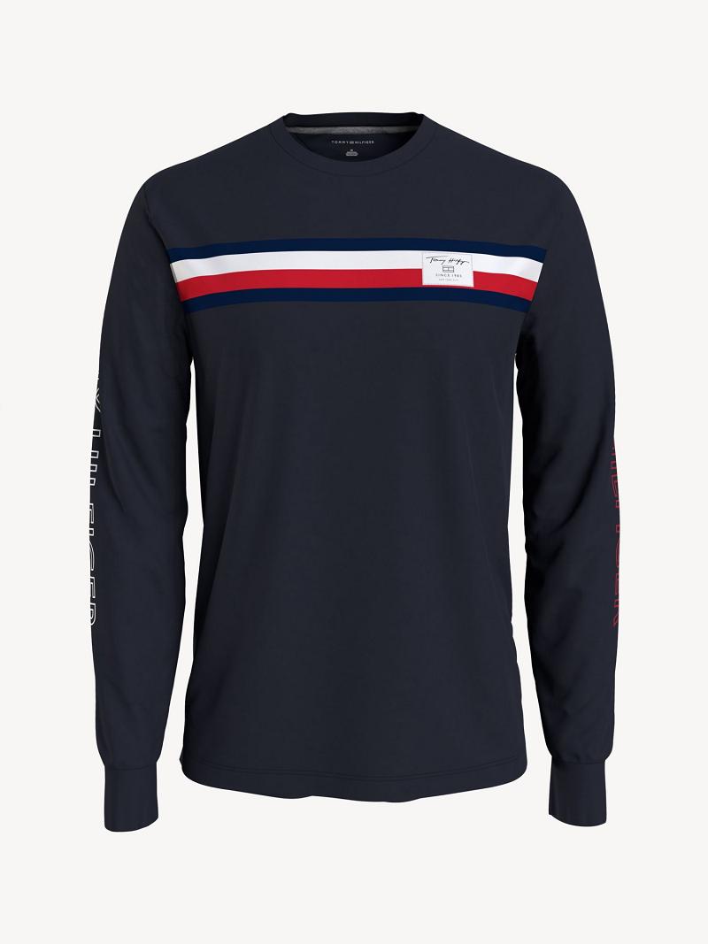 Férfi Tommy Hilfiger Logo stripe long-sleeve Póló Sötétkék | HU 836OKI